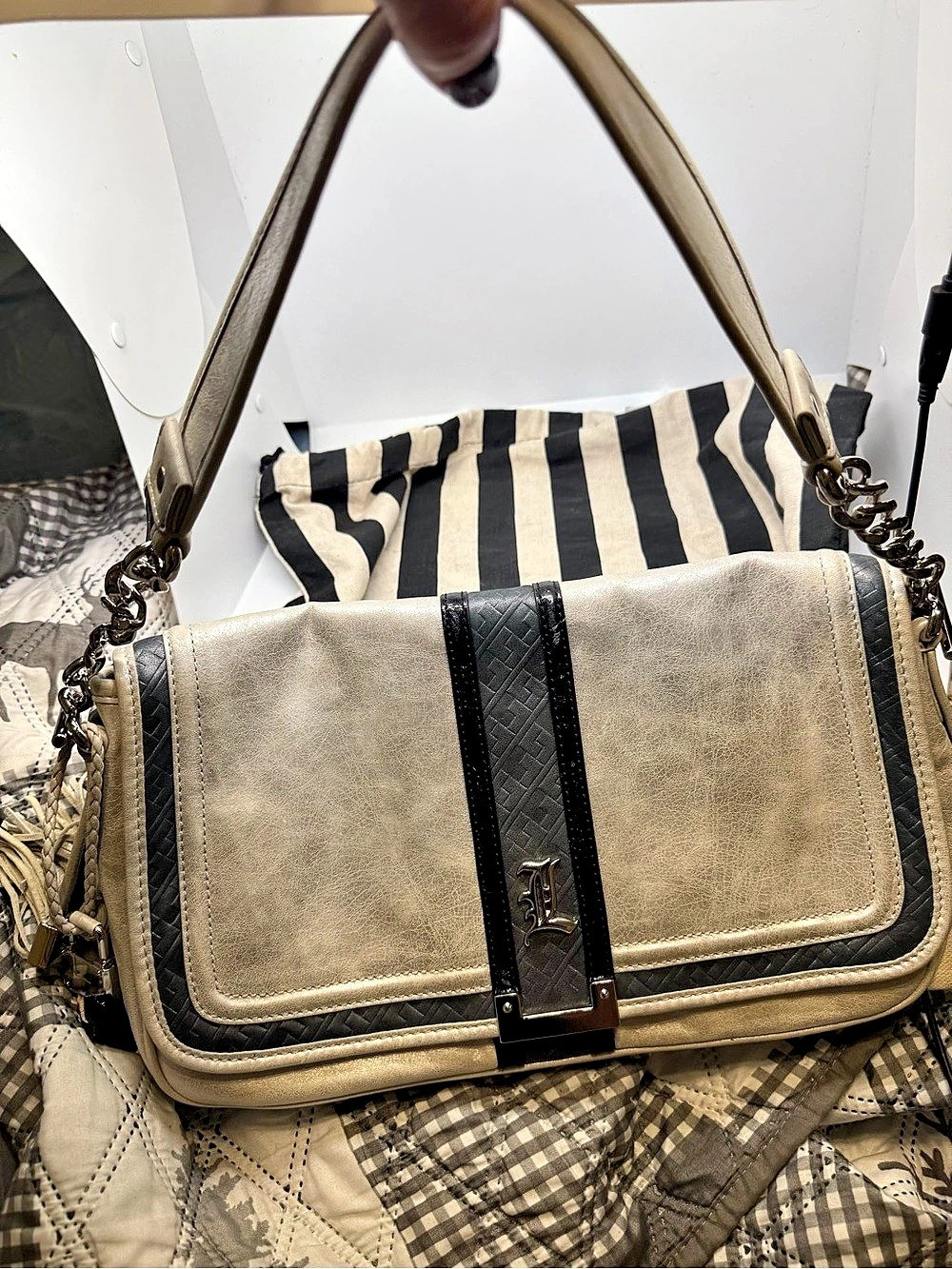 L.A.M.B. Silver & Black Leather Shoulder Bag